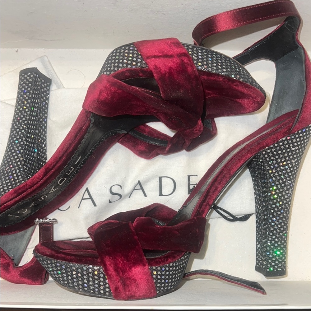 Casadei Burgundy Velvet and Black Crystal Heels